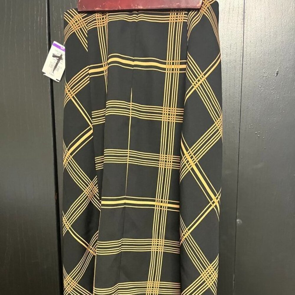 Halogen Plaid A-Line Midi Skirt Black Mustard Windowpane Check Women’s XS - Picture 3 of 5